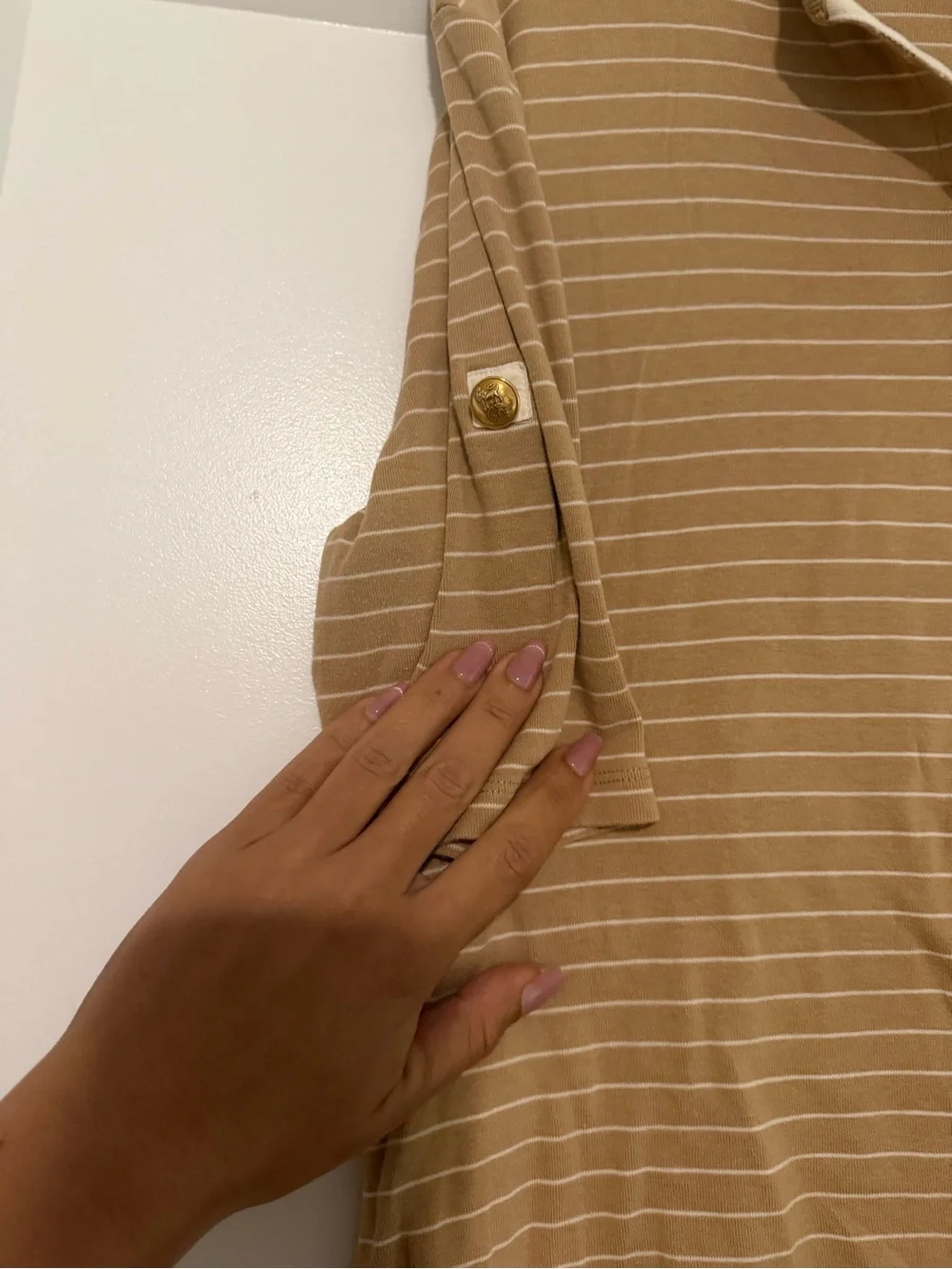 Ralph Lauren Tan Striped Henley Roll-Tab Top - Picture 2 of 6